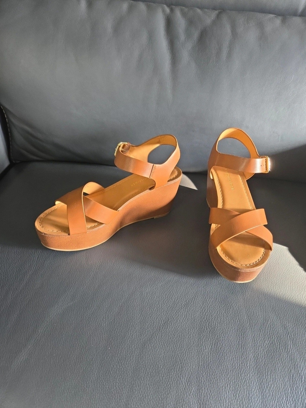 Tommy Hilfiger Tan Platform Wedge Sandals with Ankle Strap